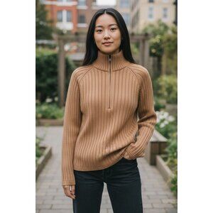 NEW DKNY Sport Ribbed Brown Long Sleeve Half-Zip Sweater Womens M Cotton Blend